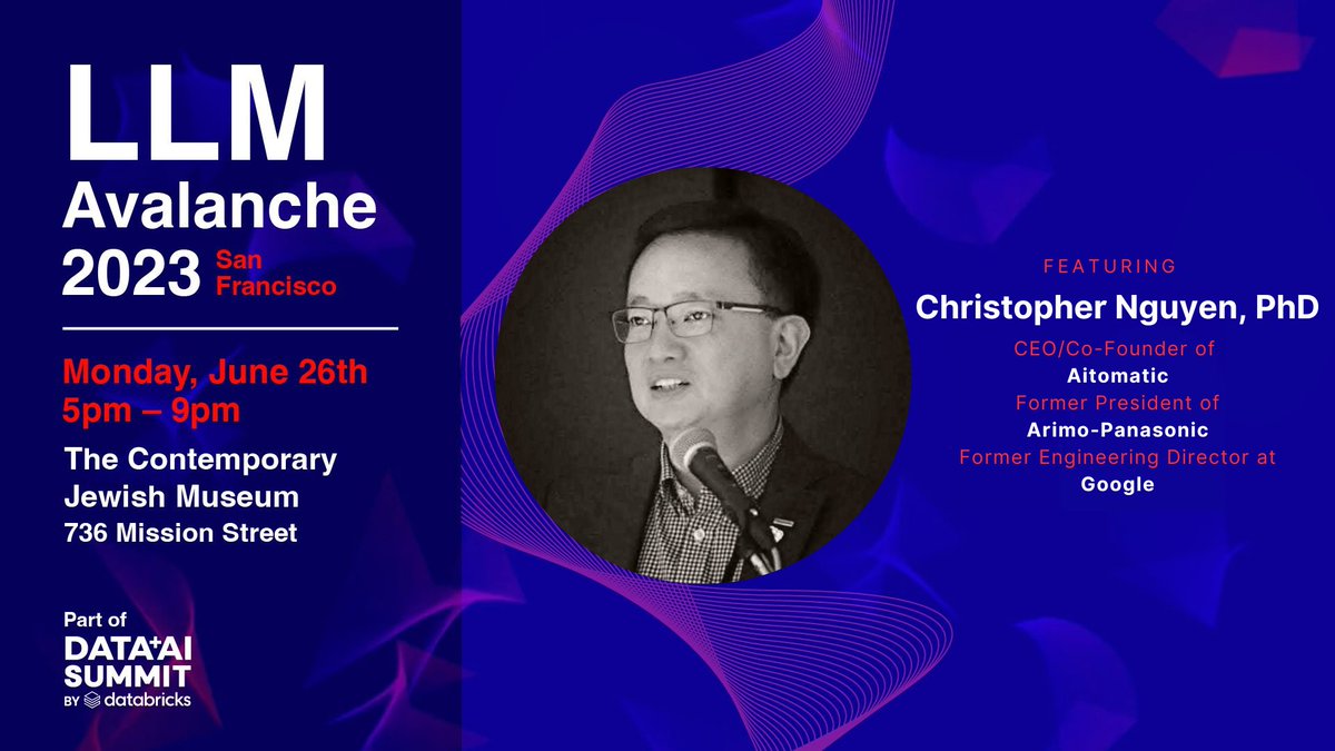 aitomatic's tweet photo. Huge announcement will be made tomorrow Jun 26 7:45pm PST at #LLMAvalanche, part of #Data_AI_Summit from our CEO and Co-Founder Dr. Christopher Nguyen @pentagoniac! This meetup has an incredible lineup of speakers from @AnthropicAI, @langchain, @llama_index, @MosaicML, and more. Register for the livestream now! https://t.co/0q81RwhIpB