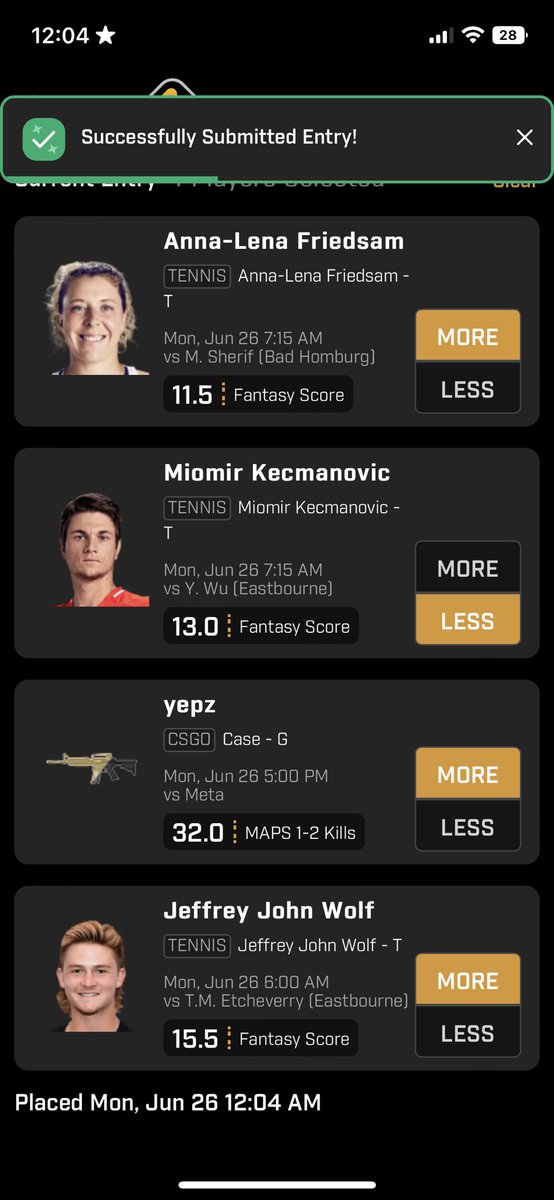 Tennis🎾 & CSGO🎮

🔌 or🦾..😈😈

• Wolf over Etcheverry 🐺
• Wu to beat Kecmanovic🏃
• Friedsman over Sherif⚔️
• System o36.5 k map 1-2 💼
• yepz o32.0 k map 1-2🦾

#GamblingTwitter #PrizePicks #tennis #CSGO #eastbourne