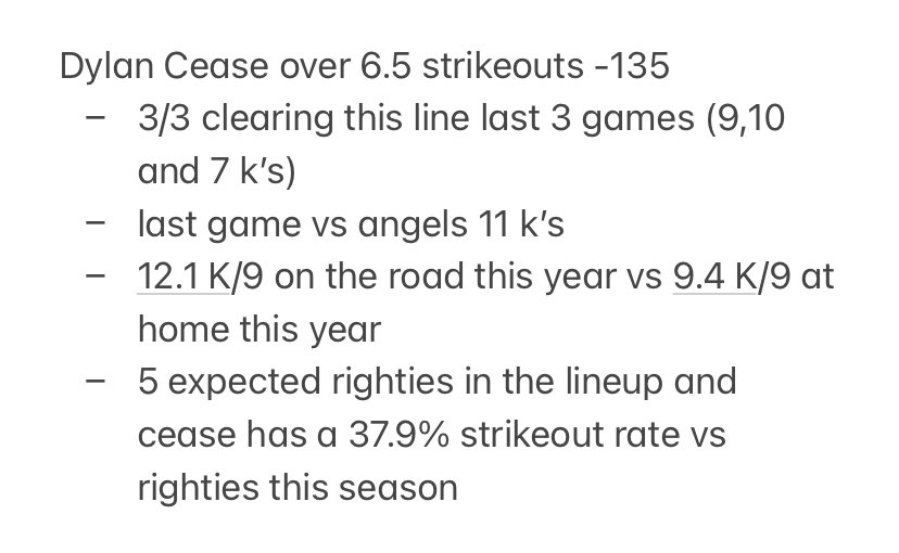 POTD: Dylan Cease over 6.5 strikeouts  -135 🫰🏽💸
Write up below #Fliff #GamblingTwitter #PlayerProps #MLBProps #MLBPicks #Fanduel #Betmgm #PrizePicks #underdog #UnderdogFantasy