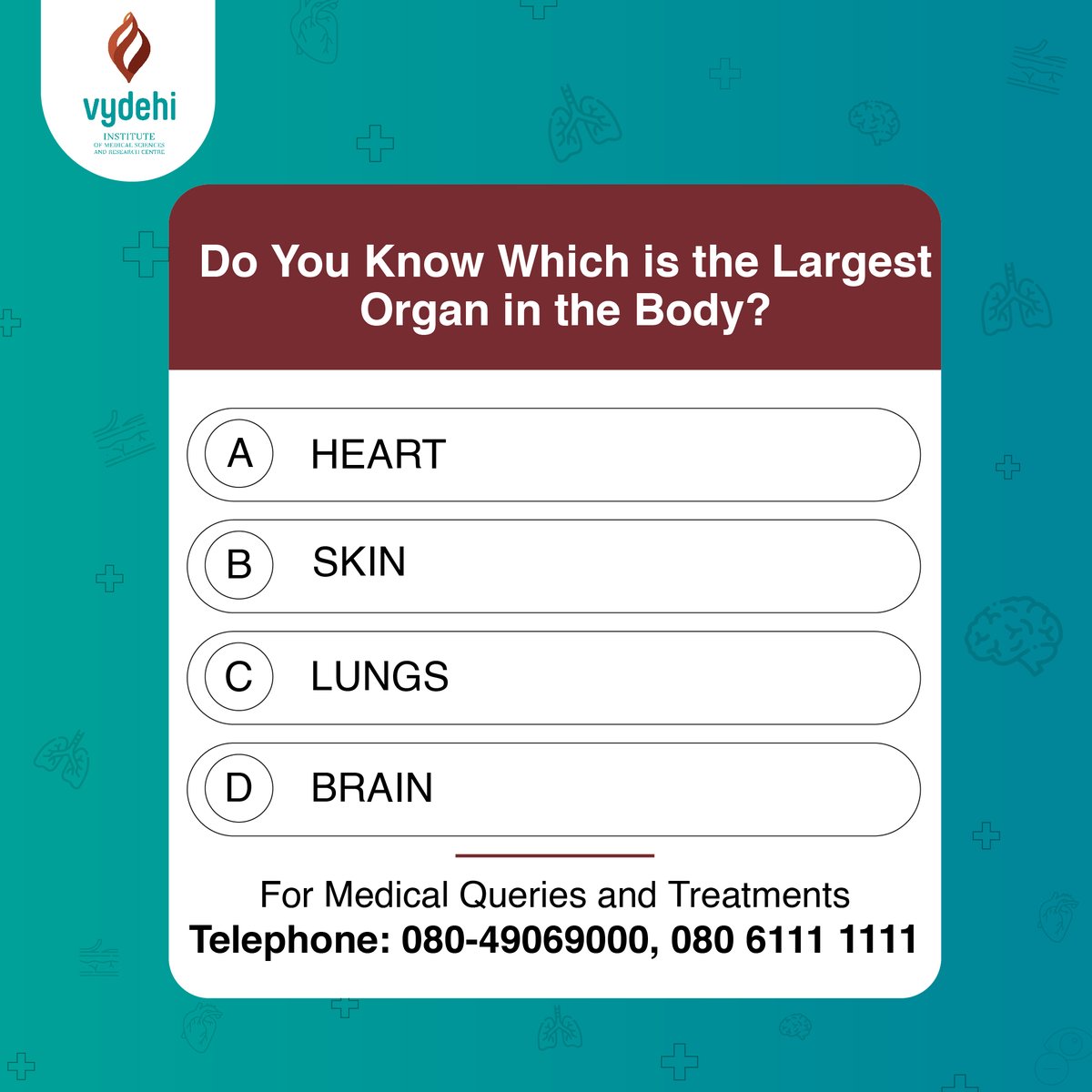 Vimsacin's tweet photo. Many of us are unaware of a lot of human #anatomy and thus about our bodies.
For example, were you able to figure out the largest organ in the body? 
Skin is the largest organ in the body.
#medicalquiz #medicine #medical #healthquiz #quiz  #healthylifestyle #VIMRC #vydehihospital https://t.co/dN967gRs0R
