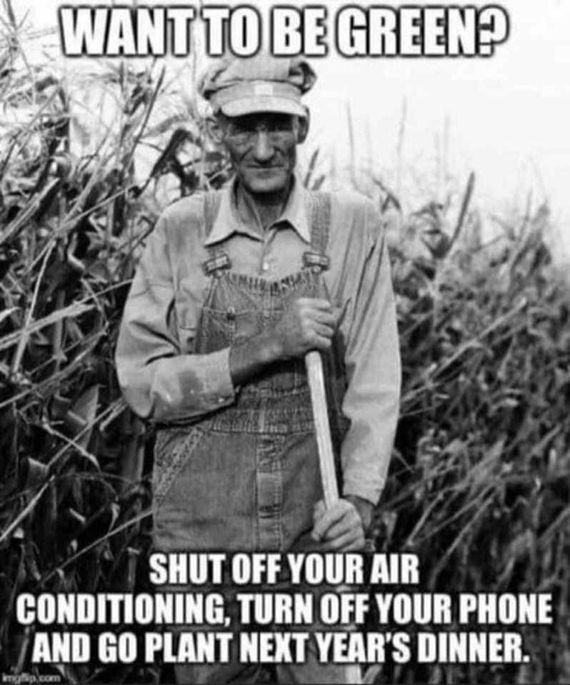 Dear Climate Change Brainwashed Tools:

Go Green:
✅Turn off air conditioner 
✅Turn off your phone
✅Go Grow Your Food

Until then 🖕🏼🖕🏼🖕🏼