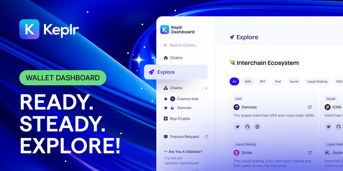 keplrwallet's tweet photo. 🚀 GM, Cosmonauts! 

We're happy to introduce our new "Explore" page in the Keplr Dashboard, to help all our users easily navigate the ever-growing Interchain ecosystem🪐 and harness the power of its interoperability. 

Check it out! 👇🥰
https://t.co/5E2GCsoSik https://t.co/7dixBSpGD6