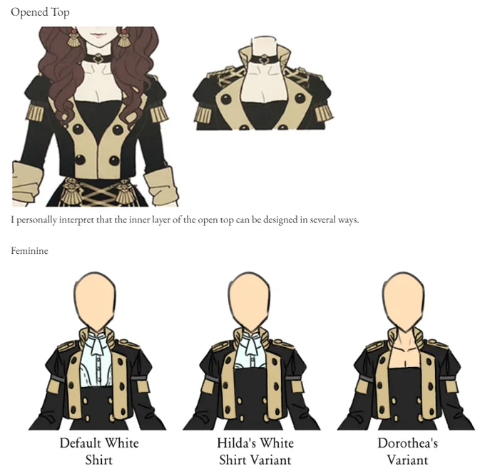 I made a document compiling all the variations in the Fire  Three Houses/Hopes school uniforms available to the game! If you aren't an artist and don't know how you wanted to approach your OC's design, this is for you!  Link below!