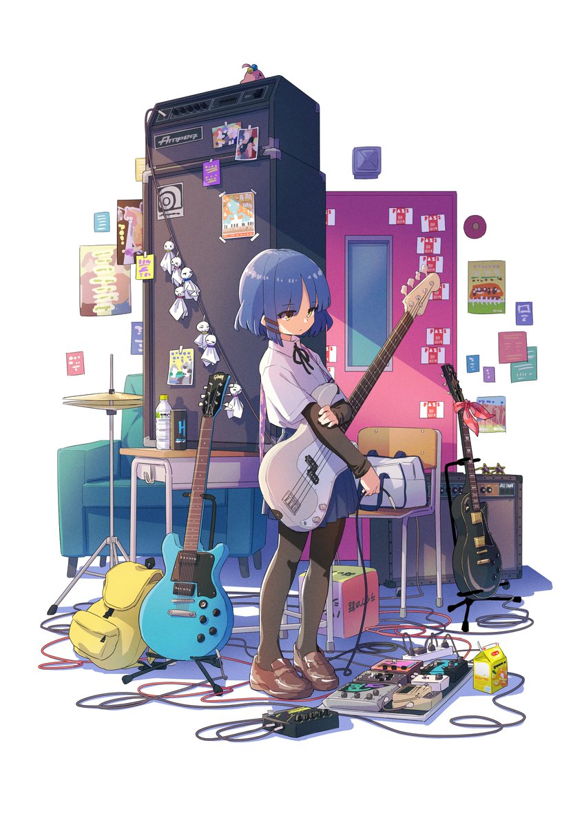 1girl instrument solo bass guitar guitar blue hair shirt  illustration images