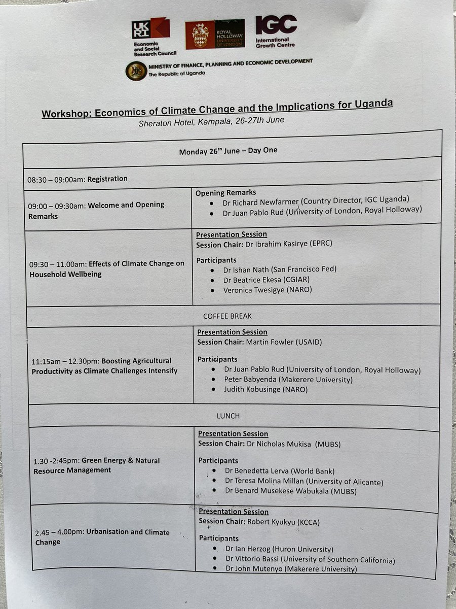 juanpablorud's tweet photo. Happening today - “Economics of Climate Change” workshop in Kampala.  Academics, policy-makers and practitioners presenting and discussing topics related to climate change, agriculture, pollution, resource management, growth and more! https://t.co/empF4GgFfi