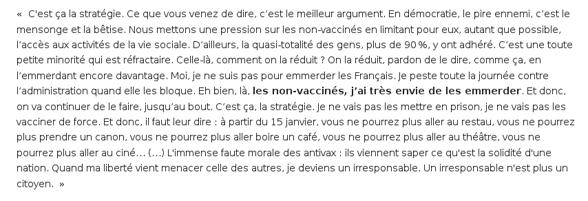 @AlexisPhilo @on_Ze_bar Sans compter la volonté de punir les non-vaccinés pour désobéissance en les privant de liberté.
3 semaines après cette déclaration de Macron ci-dessous, le Conseil constitutionnel validait le pass vaccinal qui n'avait rien de sanitaire !