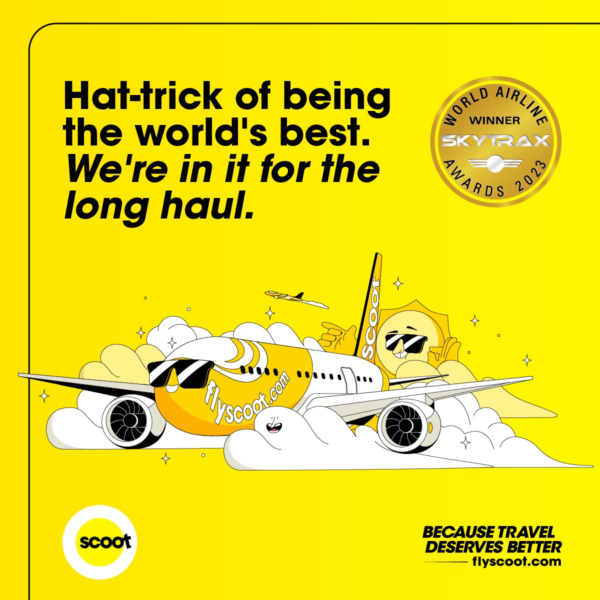 Got the hat-trick 🥳 It’s the third year in a row that we're awarded the ‘World’s Best Low-Cost Long Haul Airline’ by @skytrax_uk! We're in this for the long haul, because travel deserves better. 💛 #TheFutureIsYellow