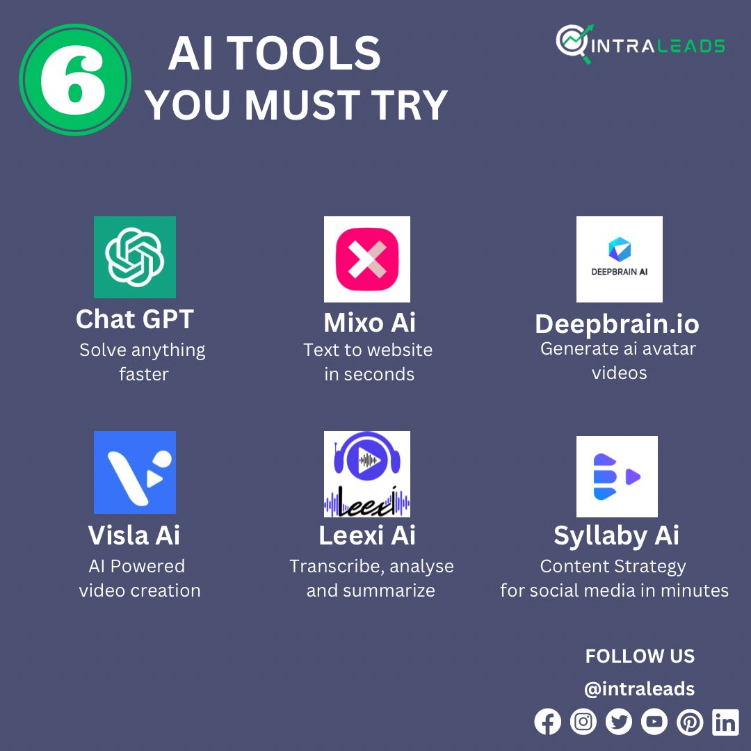 6 AI Tools You Must Try.
.
@intraleads 
.
#toolsmarketing #toolsinstagrammarketing #marketingautomationtools #instagrammarketingtools #socialmediamarketingtools #onlinemarketingtools #contentmarketingtools #marketingdesign #powertools #marketingtools #gpt4