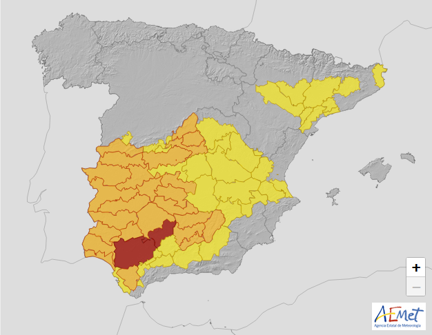 AEMET_Esp's tweet photo. ⚠️Recuerda: este lunes continúa el peligro importante por temperaturas máximas (39 a 42 ºC) en amplias zonas del centro y sur de la Península. 
🔴Peligro extremo en las campiñas de Córdoba y Sevilla, donde podrían superarse los 44 ºC. ¡Muchas precaución! https://t.co/VoxzFJk4Qe