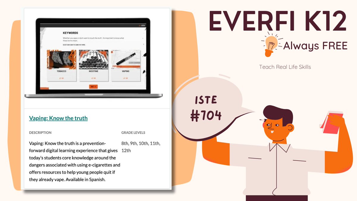 alicekeeler's tweet image. 🚬 Is VAPING a problem at your school?

🆓 @EVERFIK12 has FREE resources for you to help students understand the dangers of vaping. 

everfi.com/courses/k-12/v…

Booth #704 #ISTElive #ISTElive23 #NotAtISTE