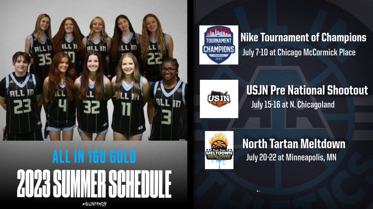 AIAelitegirls's tweet photo. The ALL IN 14U-17U Gold Teams are ready for July!!! Check out the schedules below for these teams. Lots of talent, great people and great students  #ALLINfamily @aiathletics https://t.co/Roet6j39oU
