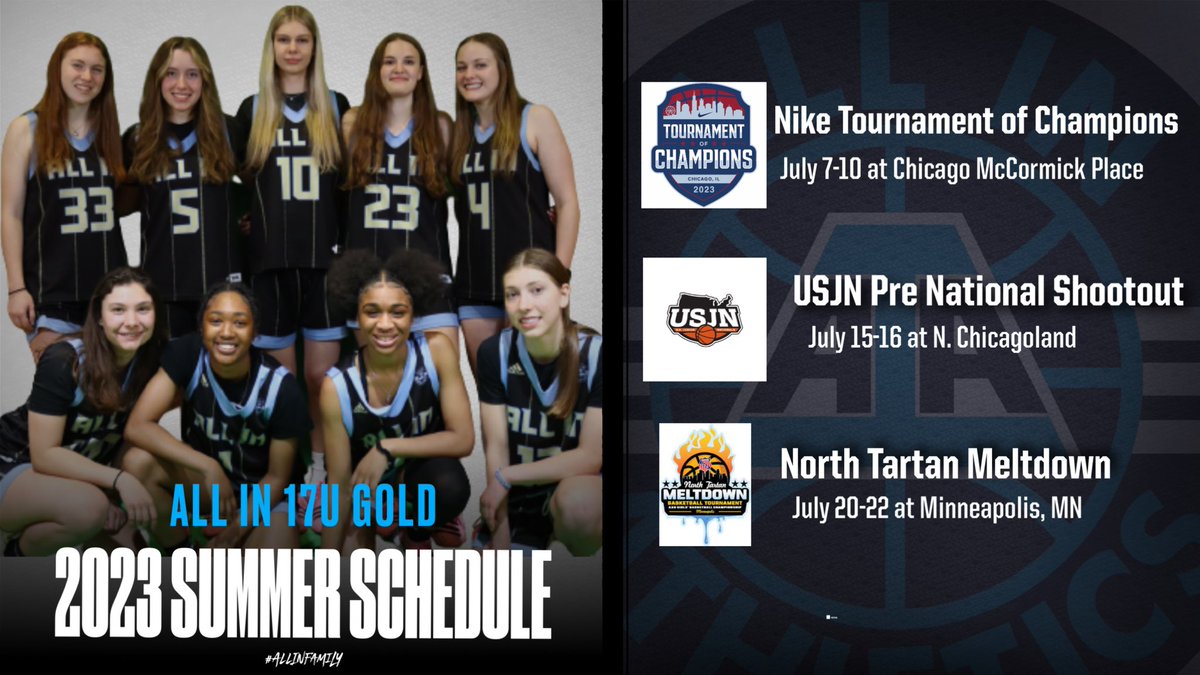 AIAelitegirls's tweet photo. The ALL IN 14U-17U Gold Teams are ready for July!!! Check out the schedules below for these teams. Lots of talent, great people and great students  #ALLINfamily @aiathletics https://t.co/Roet6j39oU