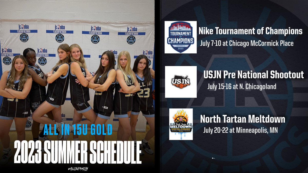 AIAelitegirls's tweet photo. The ALL IN 14U-17U Gold Teams are ready for July!!! Check out the schedules below for these teams. Lots of talent, great people and great students  #ALLINfamily @aiathletics https://t.co/Roet6j39oU