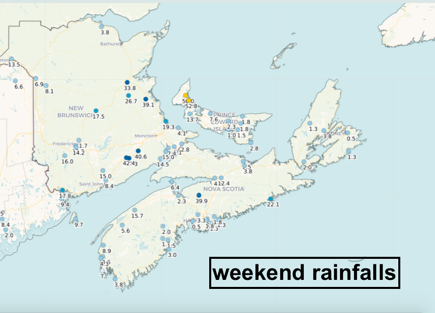 Thanks to @CoCoRaHSCanada volunteers for sharing weekend rainfalls that illustrate the variability.  PEI had the most remarkable differences from over 50mm 'up west' to hardly any rainfall 'down east'.