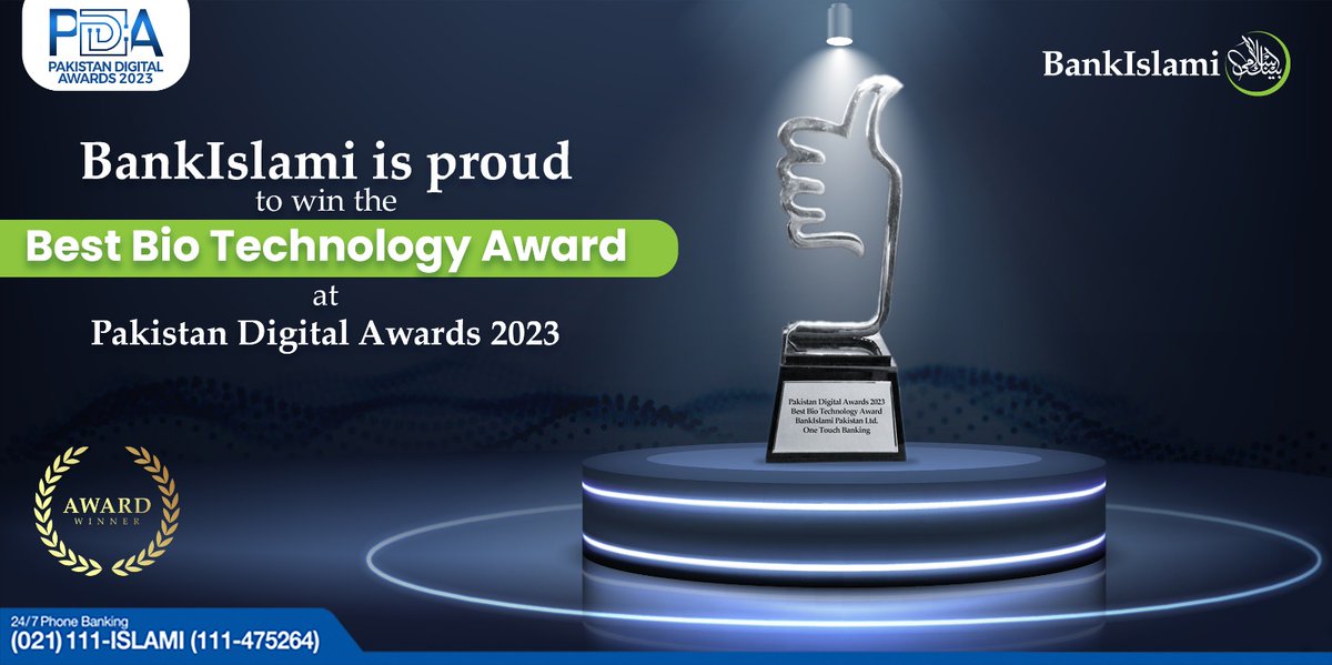 BIPLOfficial's tweet photo. Our exceptional OneTouch Banking service has won the Best Bio Technology award at the Pakistan Digital Awards 2023.
#BankIslami #OneTouchBanking #YourThumbIsYourBank #BestBioTechnologyAward #PakistanDigitalAwards2023 https://t.co/6OefzQI328