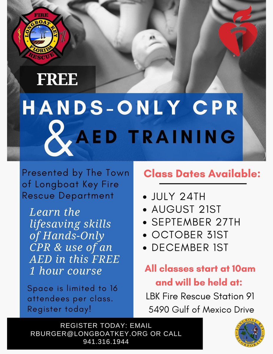 TownofLBK's tweet photo. Are you ready to learn a #lifesaving skill? #LBK 🚒 🚑 Fire Rescue is now holding monthly Hands-Only CPR &amp; AED training classes. Sign up today for one of these free, 1 hour sessions:
♥️ July 24th
♥️ Aug 21st
♥️ Sept 27th
♥️ Oct 31st
♥️ Dec 1st
👉 RSVP today https://t.co/6ZIkKB3jI6
