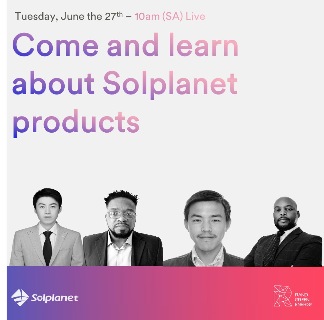 Join us for a Live webinar: Introducing Solplanet inverters. We are calling on all installers, solar companies, distributors, and developers! 
Date: 27th June 2023 Time: 10 am (CAT) 
Speakers: #AllenJin @OfficialSithol #ClarkLei @ArthurMangwende  
Teams: lnkd.in/dt5bShxJ