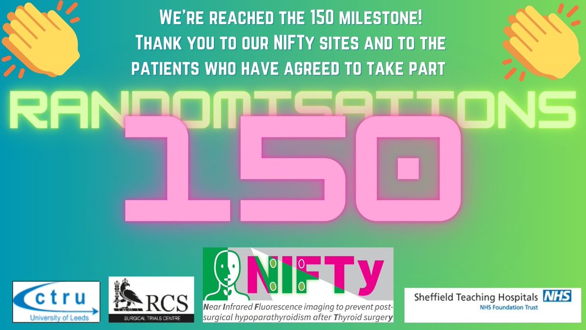 NIFTy Trial (@niftytrial) on Twitter photo 📢We have surpassed 1⃣5⃣0⃣ participants on the <a href="/NiftyTrial/">NIFTy Trial</a> 👍 Well done to our fantastic sites especially Lister for recruiting no. 150 👏 Thank you to the sites for their continued support & of course, a great big thank you to the patients who agree to take part! #thyroidsurgery 📢We have surpassed 1⃣5⃣0⃣ participants on the <a href="/NiftyTrial/">NIFTy Trial</a> 👍 Well done to our fantastic sites especially Lister for recruiting no. 150 👏 Thank you to the sites for their continued support & of course, a great big thank you to the patients who agree to take part! #thyroidsurgery
