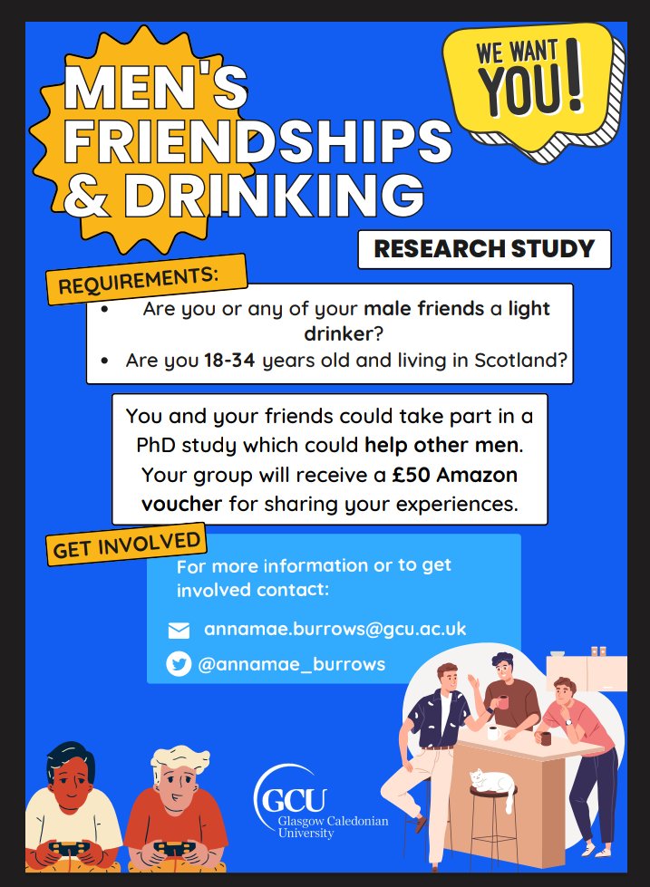 PARTICIPANTS WANTED: 
Hi everyone, I'm recruiting men aged 18-34 to take part in a paid study about men's friendships and drinking! I am particularly interested in hearing from any LGBTQ+ young men who identify as light drinkers. RTs very appreciated! 😊