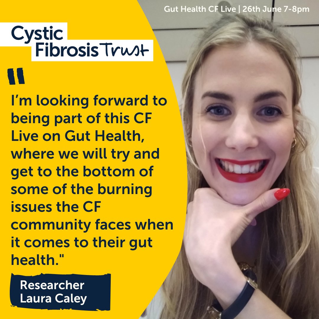 Tonight is our next CF Live event, Gut Health. Looking at the connection between our minds, the gut and diet. Covering the gut-lung-axis, gut microbiota, GI symptoms, underlying challenges in the CF gut, diet, stress, anxiety, and breaking taboos. 
Sign up ow.ly/H1VR50OWViO