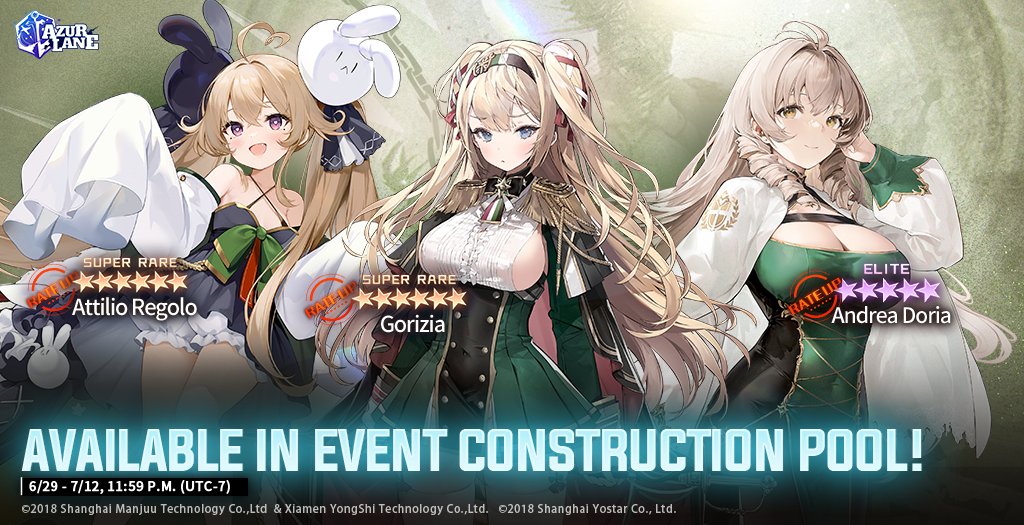 Dear Commander, The Reflections of the Oasis event will be available after the upcoming maintenance. These limited characters will be available in the event construction pool till 7/12, 11:59 P.M. (UTC-7). #AzurLane #Yostar