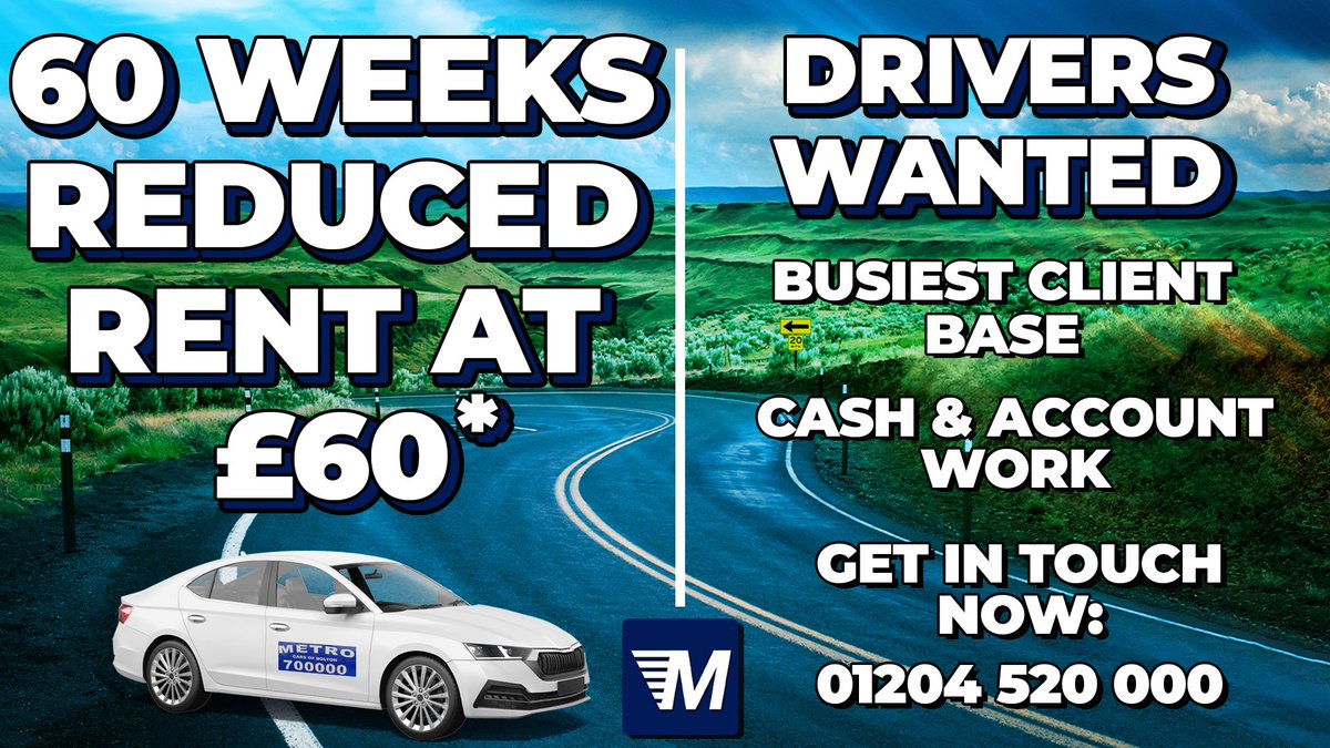 Join the Metro Cars team!

Give us a call today!
*£60 applies to New Drivers that are on full time shifts
-
-
-
-
#MetroCars #Bolton #BoltonTaxis #BoltonWanderers #GreaterManchester #driverjobs #boltonjobs