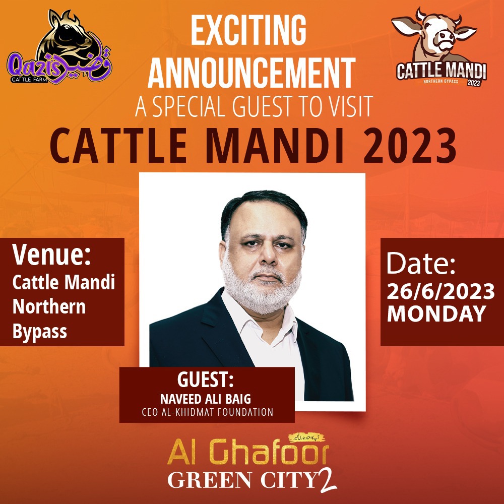 CEO Al Khidmat foundation, Naveed Ali Baig will be visiting Cattle Mandi 2023 today (Monday, 26th June 2023). Are you coming to meet him?
.
.
#cattlemandi2023 #qaziscattle #NehalHashmi #LatestUpdates #naveedalibaig