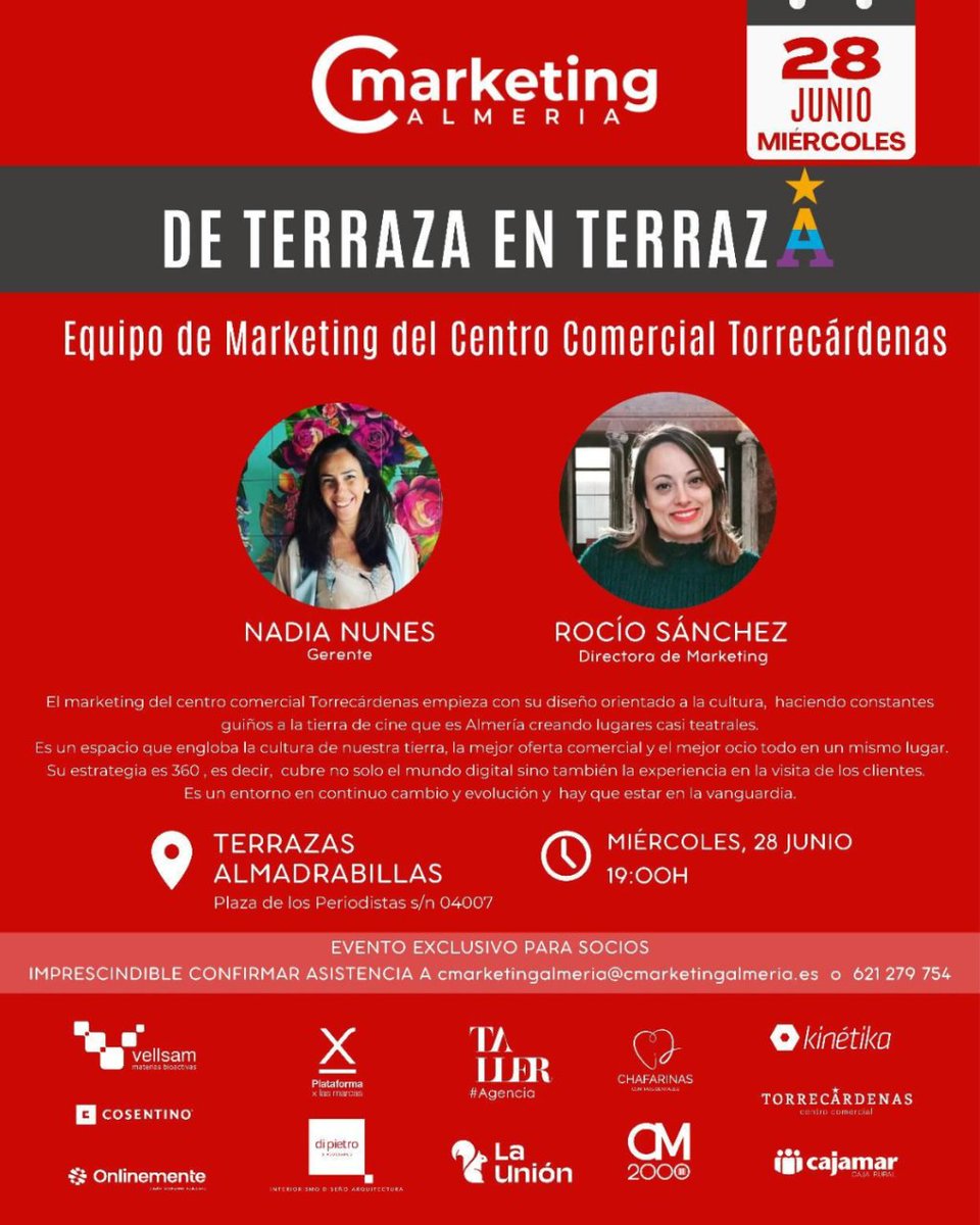 Segundo TERRAZA EN TERRAZA, con el Equipo de Marketing del ⭐Centro Comercial Torrecárdenas⭐

Nos contarán como han desarrollado su #Estrategia360 desde el punto de vista de la cultura almeriense. ¡Apúntate!