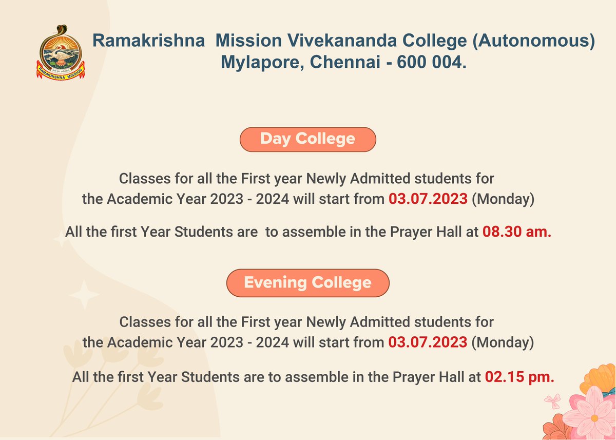 viveka1946's tweet photo. Are you excited for college? 
We are!
It’s time to set your goals, freshmen! Classes start on July 3rd.

@rkmvc_vidyapith #rkmvc #vivekananda #college #Chennai #Freshers https://t.co/ZTyhWwCGn3