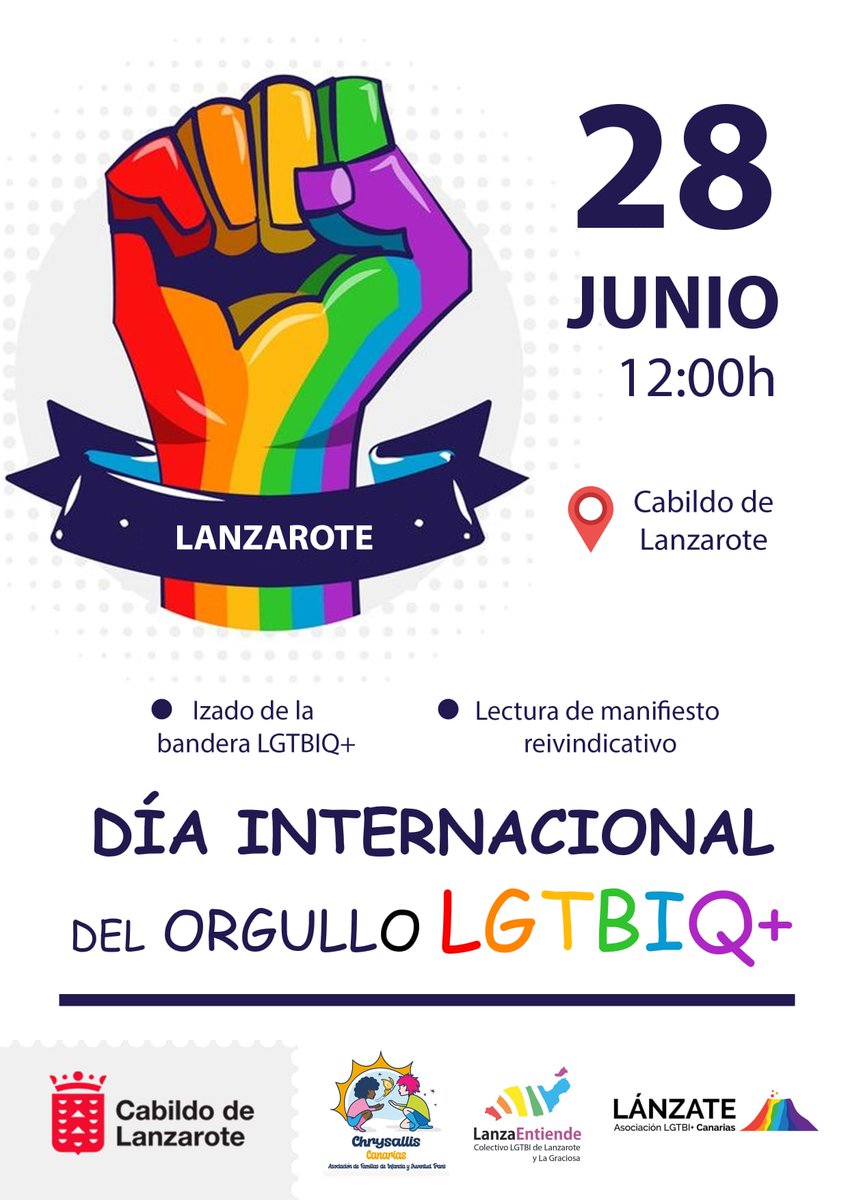 Este 28 de Junio conmemoramos la lucha del colectivo LGTBI+ por los derechos humanos.

Este año es muy importante dado que se pone en juego nuestros derechos en estás próximas elecciones.

El acto tendrá lugar en Cabildo de Lanzarote a las 12:00.

#derechoslgbt #28dejunio🏳️‍🌈
