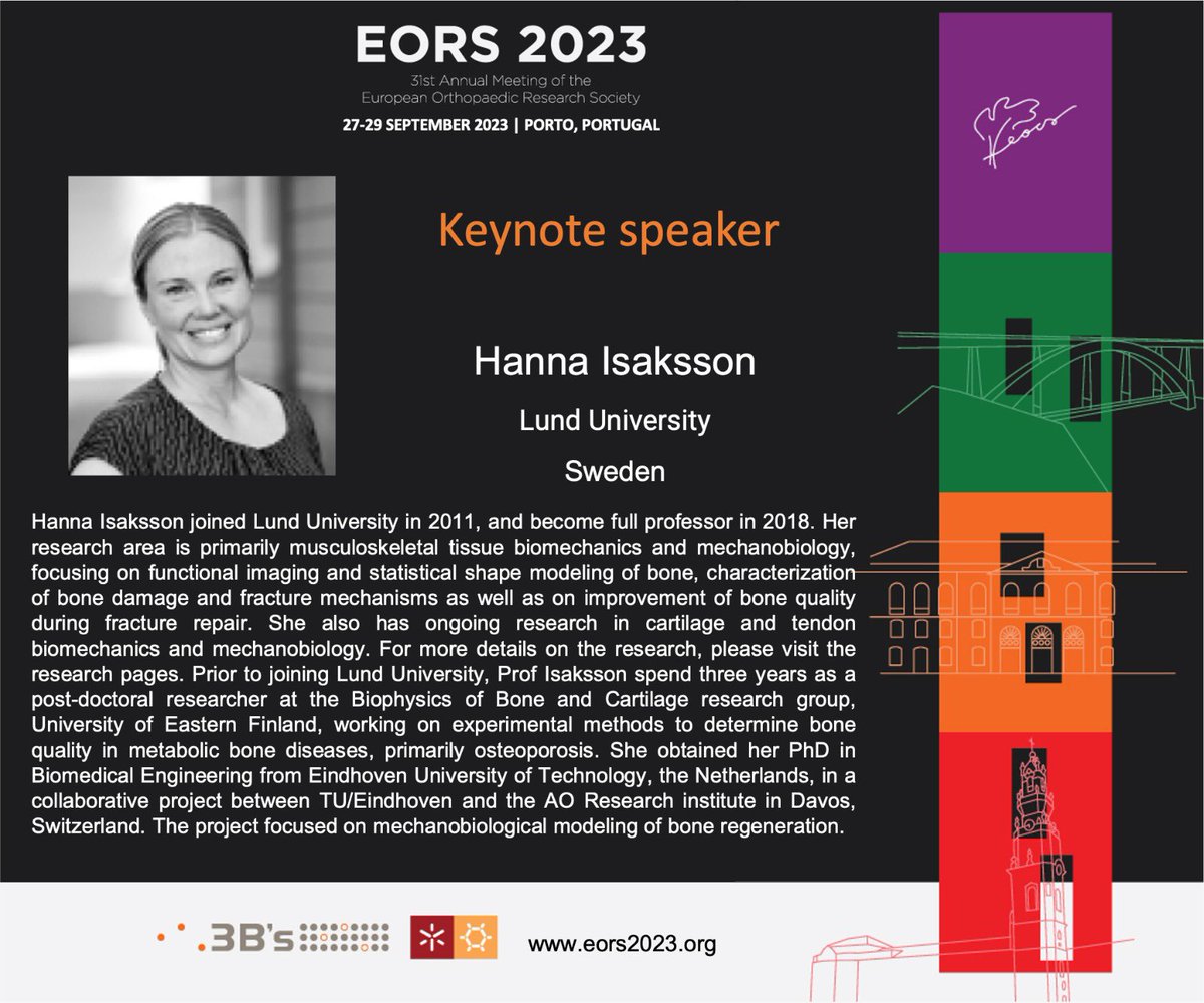 📢 Meet the Keynote speakers!

👩🏼‍🏫 Prof Hanna Isaksson @1Hannis @Lund_BioMech 
Her work focuses on bone biomechanics and mechanobiology, focusing on functional imaging and statistical shape modeling of bone, characterization of bone damage and fracture mechanisms.