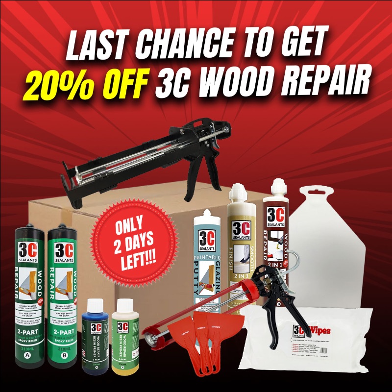 HURRY! Only 2 days left...

☑️ 20% off resins, primer, putty & accessories
☑️ Introductory pricing (3C Smooth Finish 2 in 1)
☑️ Automatic entry to prize draw  

mailchi.mp/sealantsonline…

#3csealants #woodrepair #resins #primer #wood #restoration #diy #diyproject