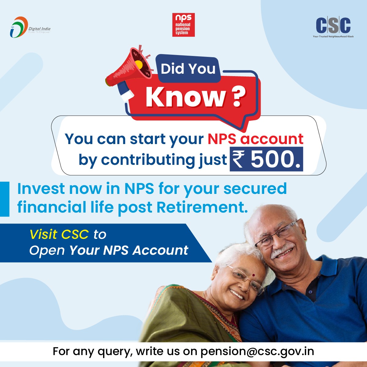 Did You Know? You can start your NPS account by contributing just Rs.500. Invest now in #NPS for your secured financial life Post Retirement Visit #CSC to Open Your NPS Account @Krisiirm @sanjaykrakesh @sarvdeep81 @CSCegov_ #DigitalIndia #NationalPensionScheme #PensionScheme