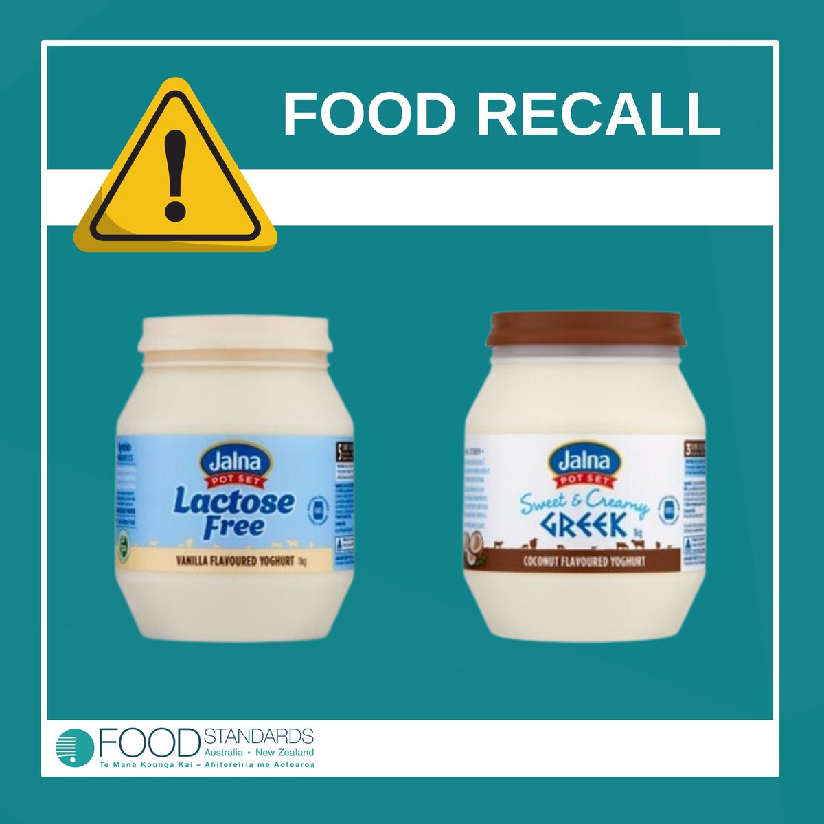 FSANZnews's tweet photo. #FOODRECALL (Aust wide): Jalna Pot Set Yogurt Lactose Free Vanilla 1kg (use-by 28/7/23) &amp; Jalna Pot Set Yogurt Sweet &amp; Creamy Greek Coconut 1kg (use-by 2/8/23) are being recalled due to potential contamination with E.Coli. More info: https://t.co/98wpJj7zlb https://t.co/2xLVvoG48w