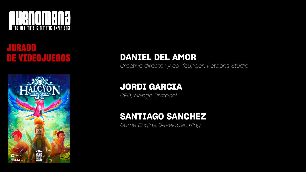 Te presentamos al jurado profesional que mañana valorará el videojuego #Halcyon en @PhenomenaExp: 🔹 Daniel Del Amor - Creative Director y Co-founder de @petoons. 🔹 Jordi Garcia - CEO de @MangoProtocol. 🔹 Santiago Sanchez - Game Engine Developer en @King_Games.