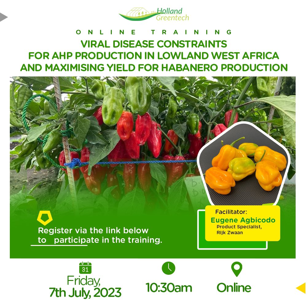 📢 Attention, Holland Greentech followers! 🌱

🗓️ Mark your calendars for an exclusive online training session happening on Friday, July 7th, 2023! 📚🌍

#HollandGreentech #OnlineTraining #AHPProduction #HabaneroProduction #AgriculturalInsights