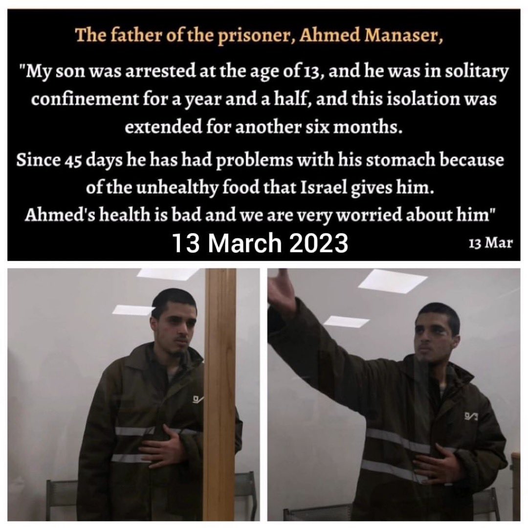 A new court session will be held on Tomorrow Monday 26th of this month for Palestinian prisoner Ahmad Manasra to consider the petition submitted by the defence team of Manasra against his prolonged solitary confinement.

#FreeAhmadManasra #الحرية_لأحمد_مناصرة
#Unchilding