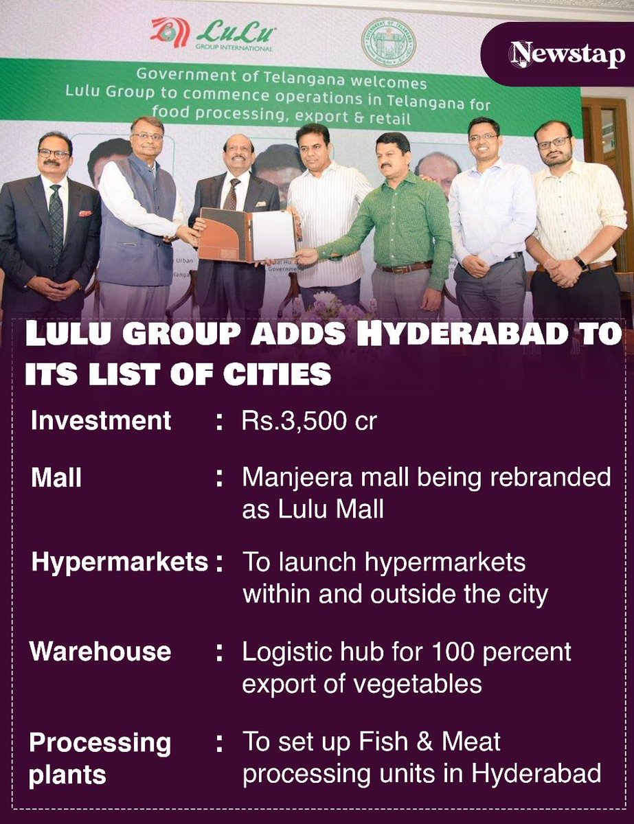 Hyderabad is the sixth city where the Lulu group has developed its presence, following Kochi, Thiruvananthapuram, Bengaluru, Lucknow, and Coimbatore.

@LuLuGroup_India @Yusuffali_MA #TelanganaNews
