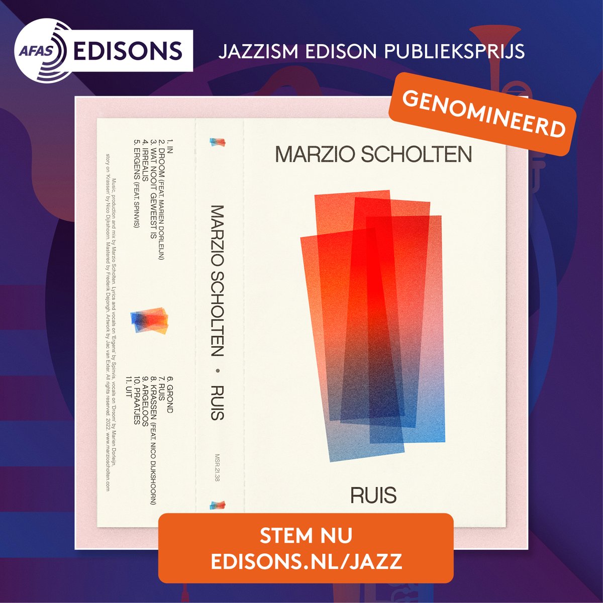 🎉 @marzioscholten van @operaalaska is met zijn album 'Ruis' genomineerd voor een Edison. Op dit album zijn ook @spinvis en @mariendorleijn te horen. Stem via: edisons.nl/jazz/publieksp…