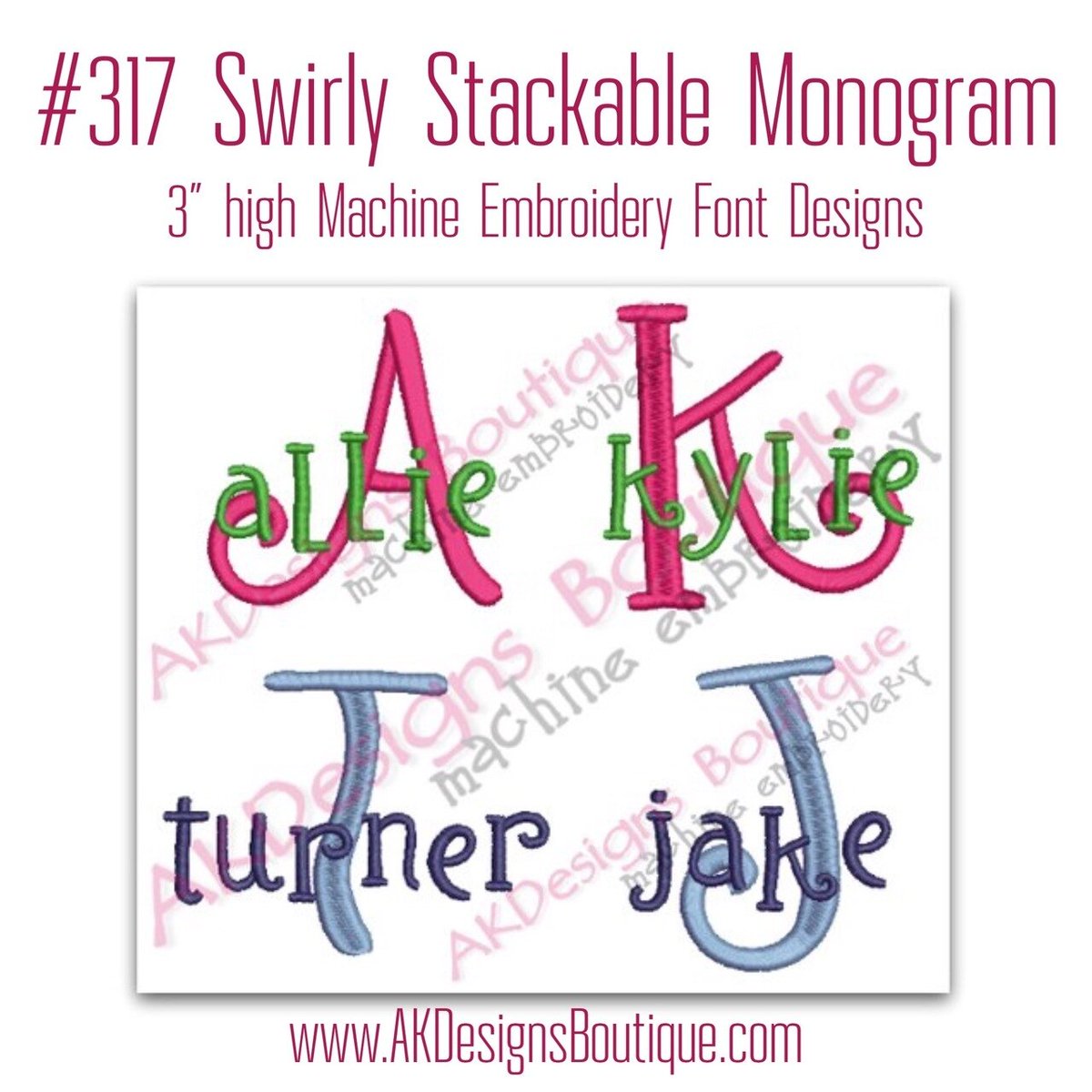 No 317 Swirly Stackable Monogram Font Machine Embroidery Designs 3 inch high
akdesignsboutique.com/no-317-swirly-…
