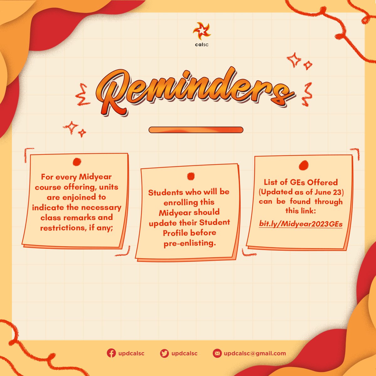 ❗️[MIDYEAR 2023 REMINDERS]❗️
Mga Artista ng Bayan, don't forget that the pre-enlistment for Midyear 2023 will end on July 3 (Monday).

📝Kindly take note of the other important dates listed below.

☛ List of GEs offered for Midyear 2023: bit.ly/Midyear2023GEs