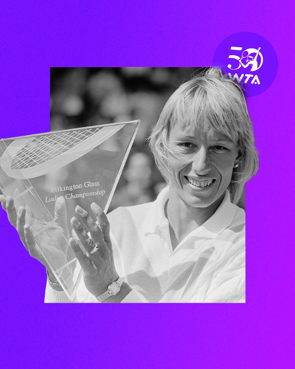 WTA's tweet photo. Taking it back to 1985 Eastbourne 🌊

@Martina Navratilova claims one of her record 11 singles trophies at Devonshire Park, as well as securing the doubles title with @PHShriver in their 100th match win as a team!

#WTA50 #JustStarting https://t.co/86Zw11GjDT