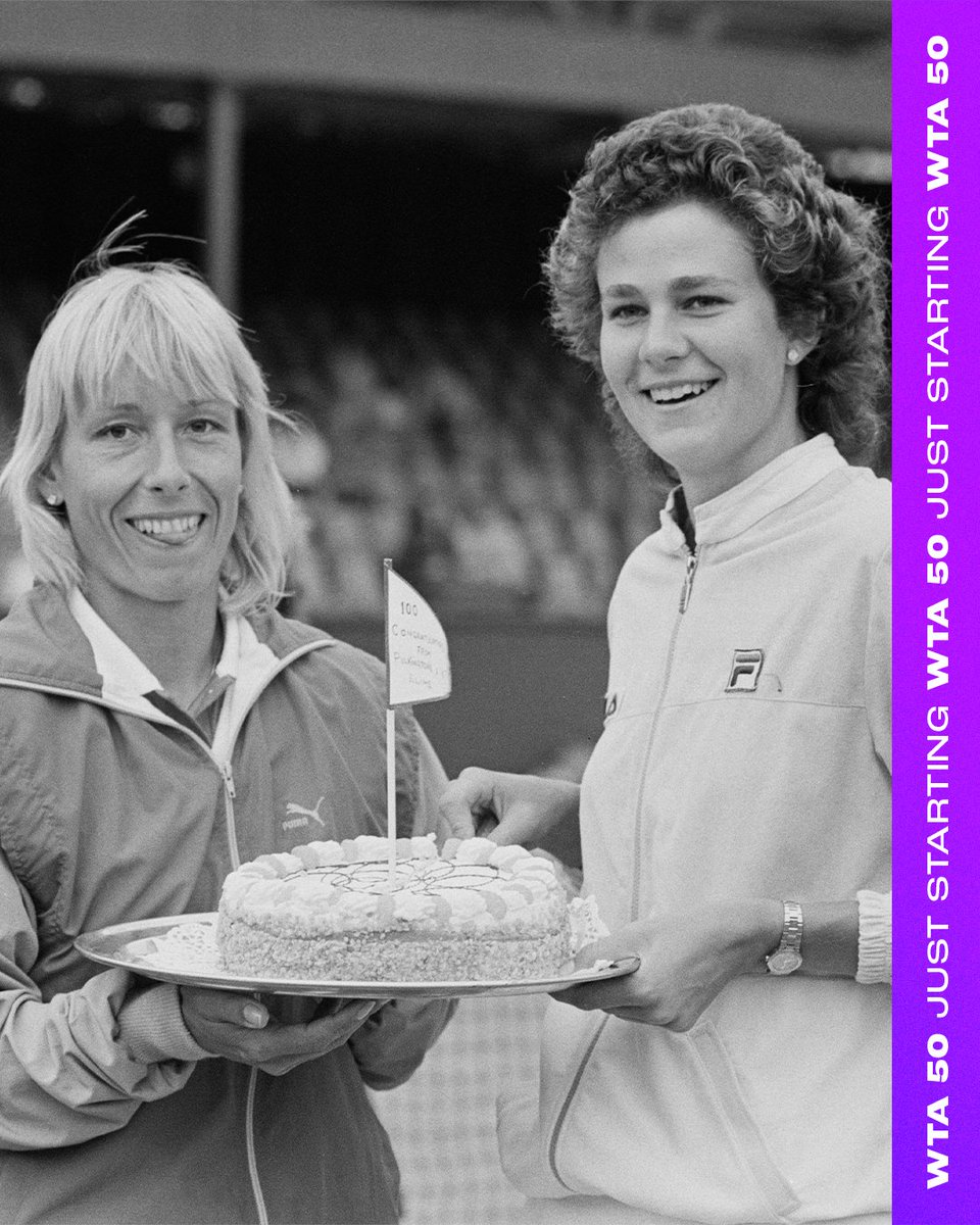 WTA's tweet photo. Taking it back to 1985 Eastbourne 🌊

@Martina Navratilova claims one of her record 11 singles trophies at Devonshire Park, as well as securing the doubles title with @PHShriver in their 100th match win as a team!

#WTA50 #JustStarting https://t.co/86Zw11GjDT