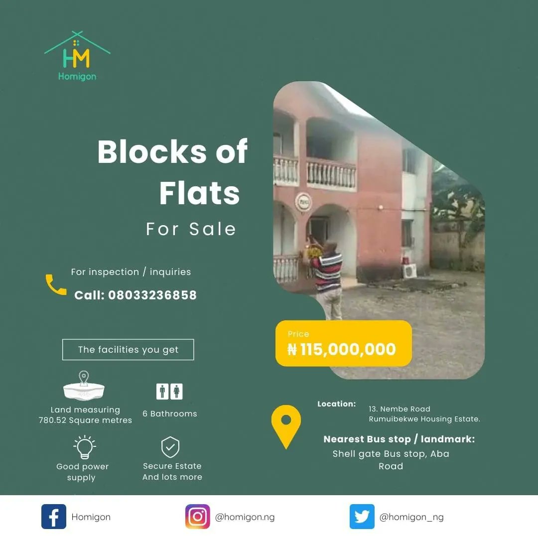 Homigon_ng's tweet photo. BLOCK OF FLATS FOR SALE!
ASSET TYPE: The subject is a block of flat which consists of a 2No 4 bedroom flats and a service quarters on two floors with 2No studio apartment and 6No rooms on land measuring 780.52 square meters.
 DATE OF VALUATION: August 15, 2022. https://t.co/YlKdpA3kjW