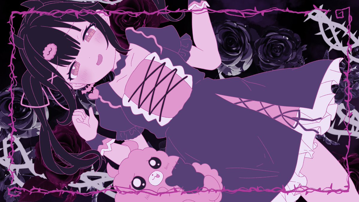 1girl stuffed toy dress stuffed animal solo black hair rose  illustration images