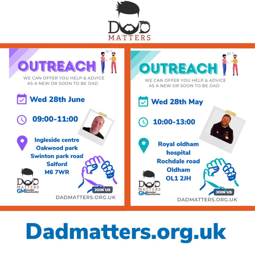 DadmattersGM's tweet photo. Here is What’s on at dad matters Greater Manchester this week.
Special thank you to our volunteer Mark Hunt who will holding his first outreach session at Ingleside Care clinic on Wednesday.
#newdad #newdaddy #newdaddyproblems #newdadlife #soontobedad #soontobedaddy https://t.co/sDH5eEWaWw