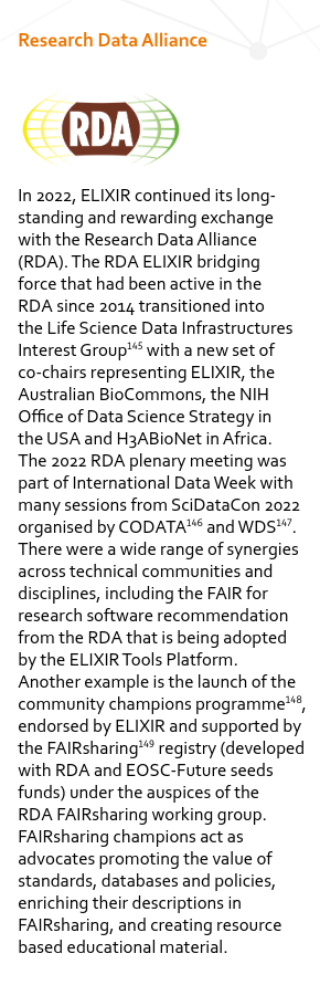 FAIRsharing_org's tweet image. The @ELIXIREurope Annual Report 2022 is out! Read about #ELIXIR resources (e.g. @FAIRsharing_org, #FAIRcookbook, #RDMkit, @dswizard_org) &amp;amp; their accomplishments. Special shout out to our 🎺#FAIRsharingCommunityChampions on page 55 together with @RDA_Europe @resdatall @EOSCFuture