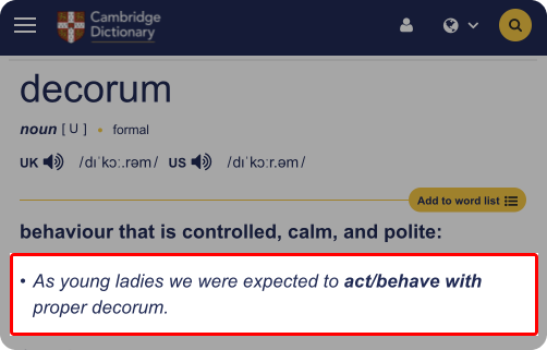 SohanSurag's tweet photo. tbh, kind of appalled to find this example here.

Doesn't matter if they've added 'were expected'.
As if they didn't get any other usage for the word.
High time, they've changed this.

#decorum #CambridgeDictionary @Cambridge_Uni https://t.co/NnkauWBf69