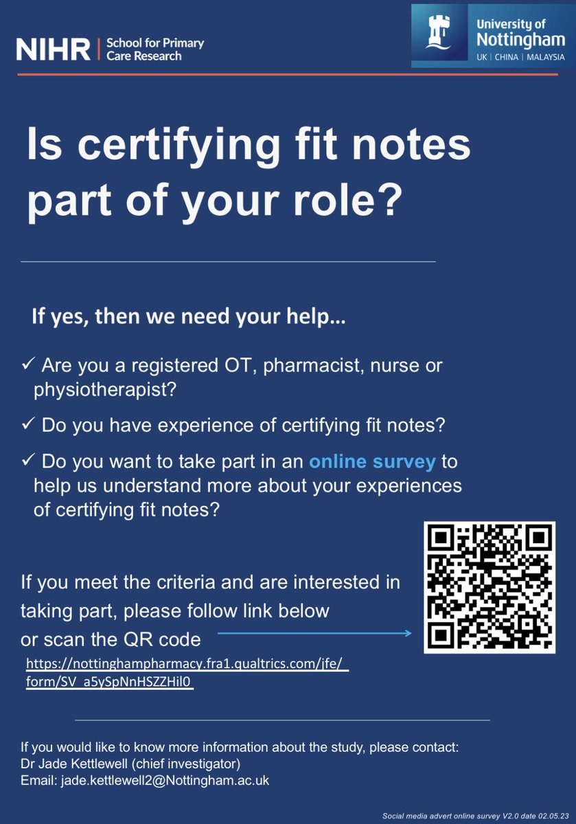 Dr Jade Kettlewell (@jade_kettlewell) on Twitter photo 👋🏼Are you an #OT #physio #nurse or #pharmacist & have a spare 5 mins to complete our survey about fit note certification? We want to identify barriers to completion & improve training for professionals 🙌🏼
Please click the link or scan the QR code nottinghampharmacy.fra1.qualtrics.com/jfe/form/SV_a5… 👋🏼Are you an #OT #physio #nurse or #pharmacist & have a spare 5 mins to complete our survey about fit note certification? We want to identify barriers to completion & improve training for professionals 🙌🏼
Please click the link or scan the QR code nottinghampharmacy.fra1.qualtrics.com/jfe/form/SV_a5…
