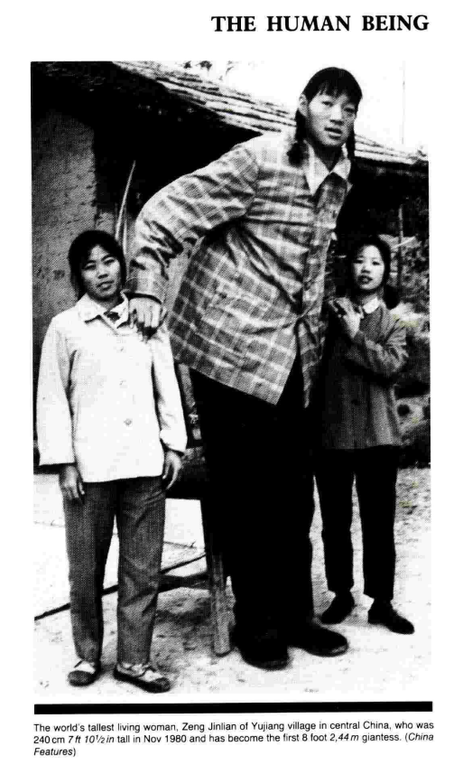 Guinness World Records on X: Zeng Jinlian is the tallest woman ever  recorded. She was born #OTD in 1964 and grew to a height of 246.3 cm (8 ft  1 in) before